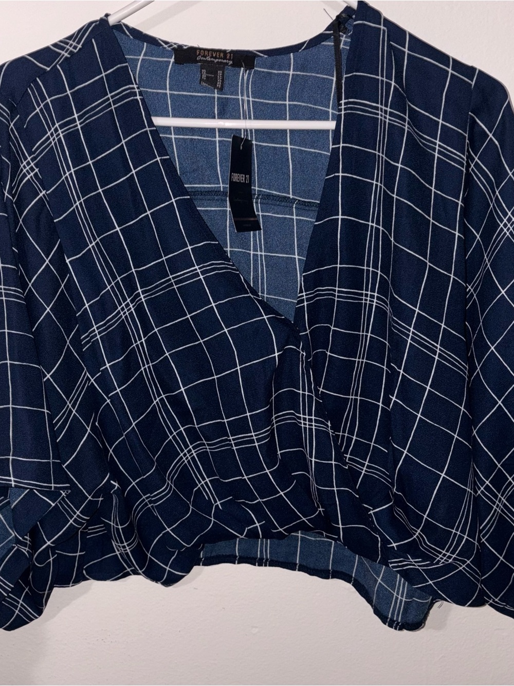 Forever 21 Navy & White Plaid Wrap Front Blouse - Size XS - New